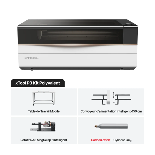 xTool P3 Pack Polyvalent (Versatile Bundle) — Laser CO2 80 W + convoyeur intelligent + mandrin rotatif RA3 + stand mobile